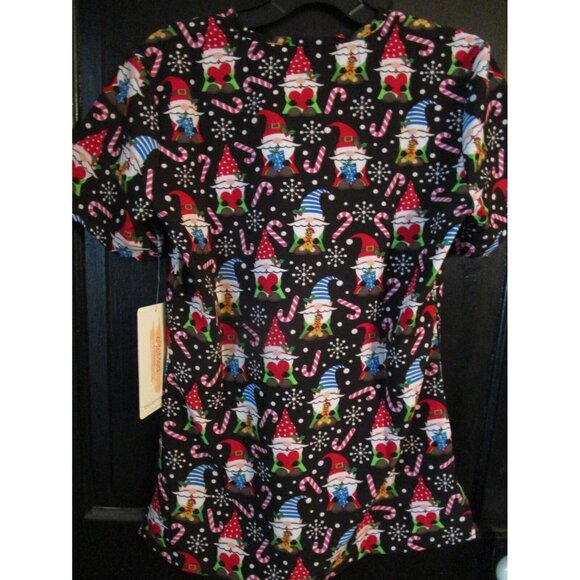 Elite Med Gnome Candy Cane Snowflake Holiday Christmas Scrub Top Size Medium M - Picture 2 of 4